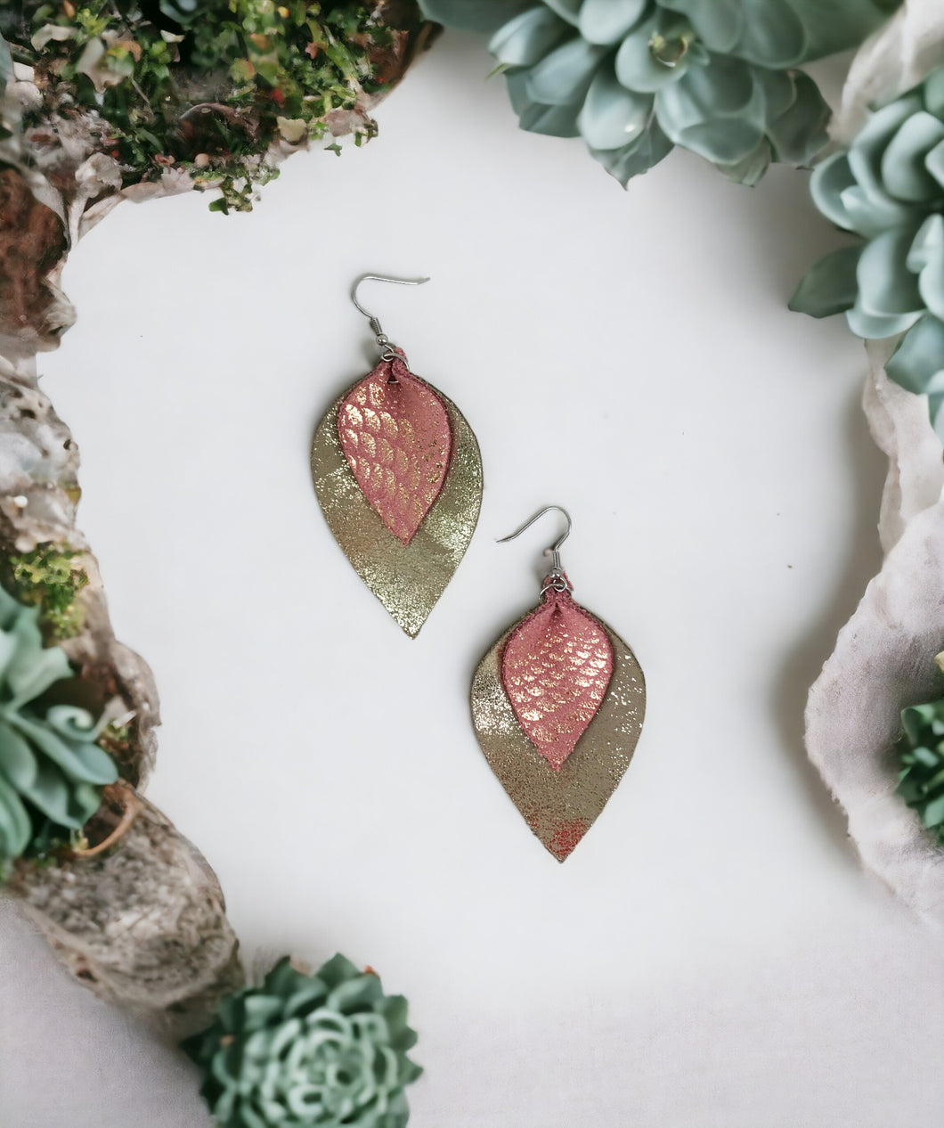 Rose Gold and Platinum Leather Earrings - E19-888