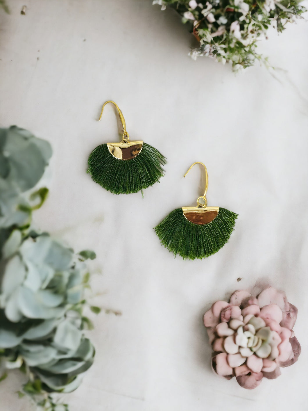 Olive Fan Shaped Tassel Earrings - E19-892