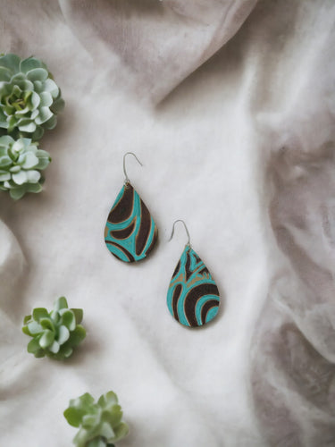 Turquoise and Brown Embossed Leather Earrings - E19-902