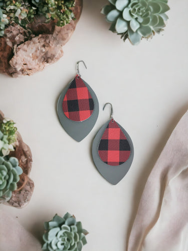 Gray and Buffalo Plaid Leather Earrings - E19-940