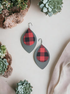 Gray and Buffalo Plaid Leather Earrings - E19-940