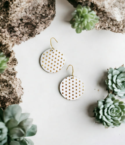 White and Gold Polka Dot Leather Earrings - E19-953