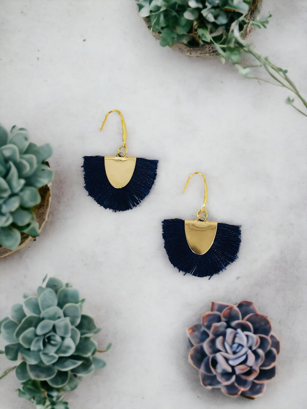 Blue Fan Shaped Tassel Earrings - E19-963