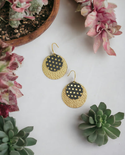 Gold with Metallic Grey and Gold Polka Dot Leather Earrings - E19-994