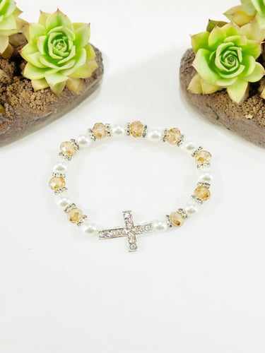 Rhinestone Cross and Glass Bead Stretchy Bracelet - B1538