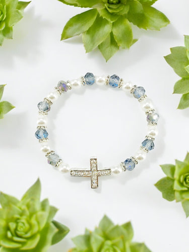 Rhinestone Cross and Glass Bead Stretchy Bracelet - B1541