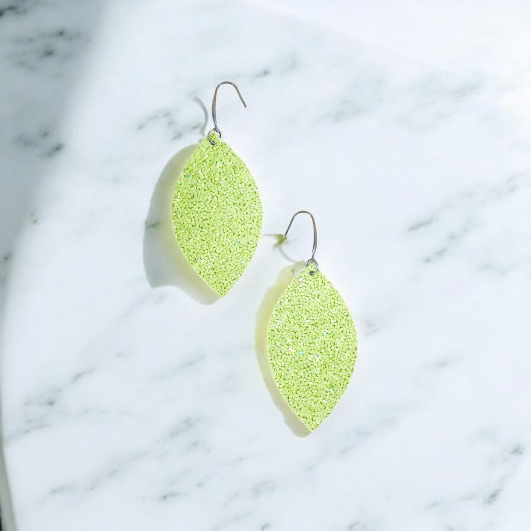 Lightest Green Chunky Glitter Leaf Shape Earrings - E103