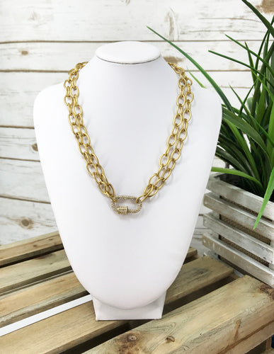 Pave Carabiner & Double Row Chain Necklace - N654