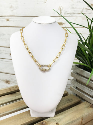 Paperclip Chain & Pave Carabiner Necklace - N655