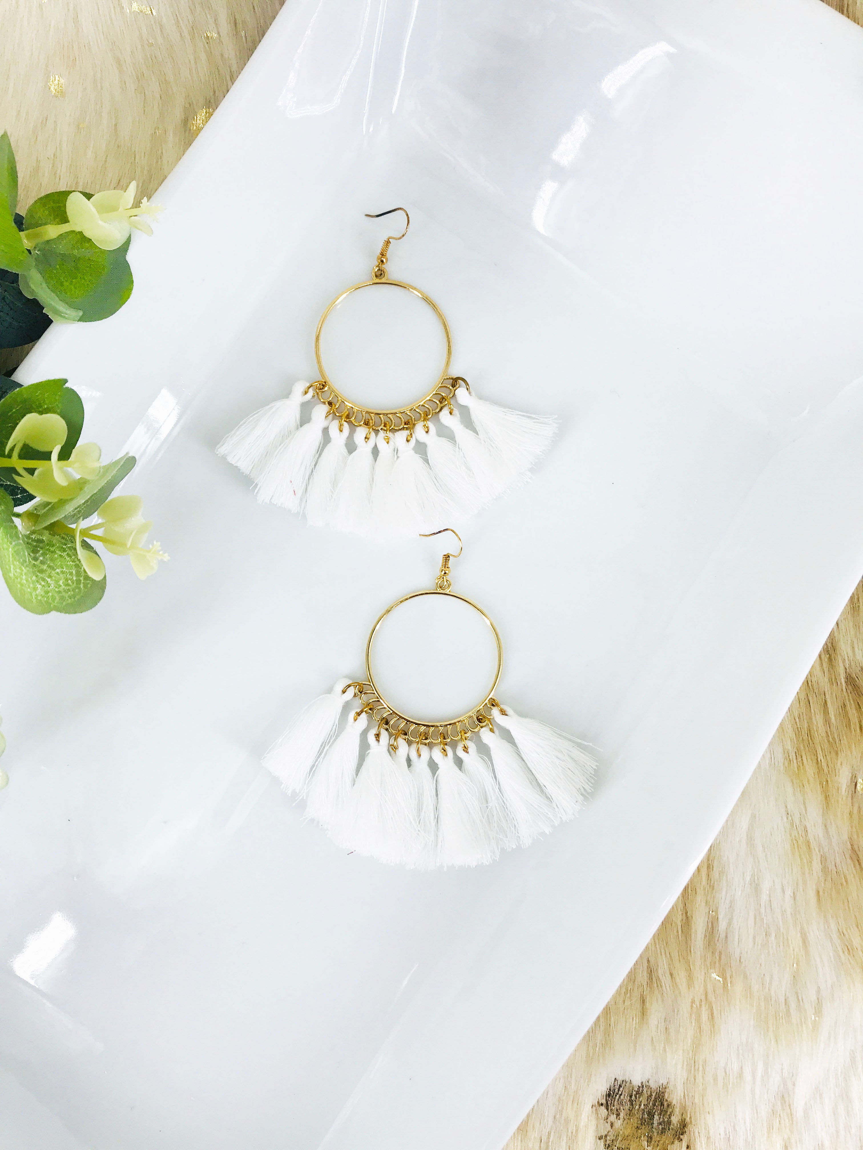 White tassel hoop on sale earrings