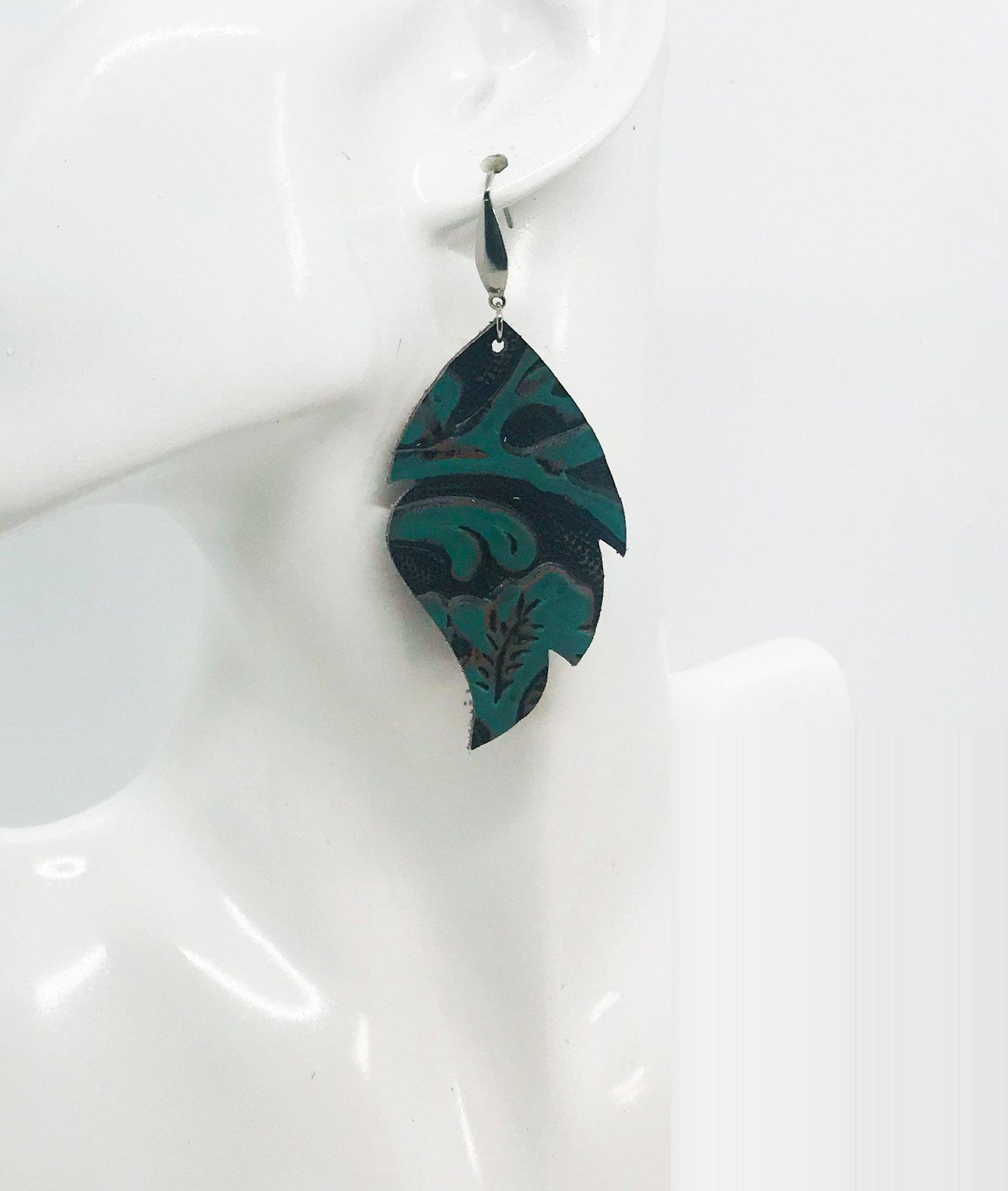 Dark Teal Aqua Western Embossed Leather Earrings - E19-1396