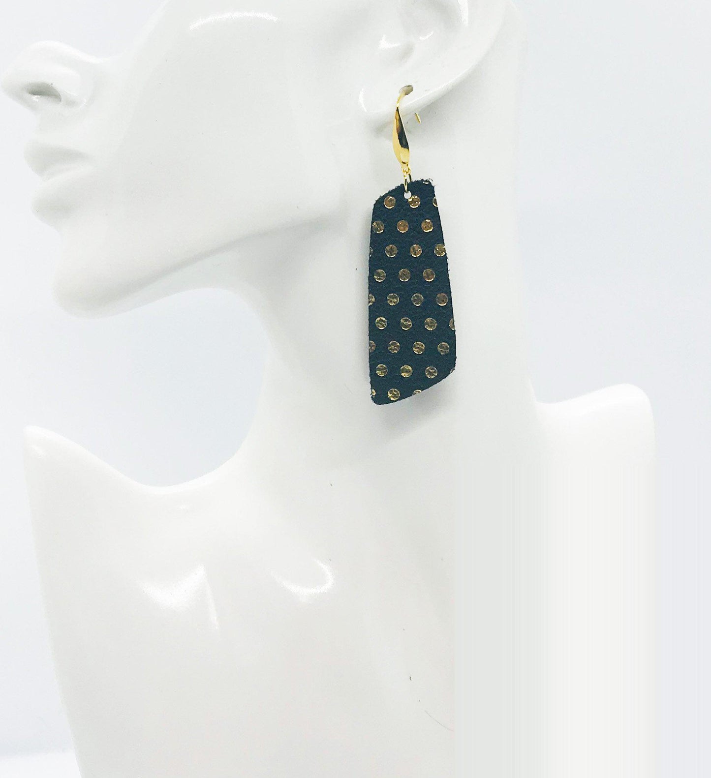 Gold Polka Dots on Black Leather Earrings - E19-1543