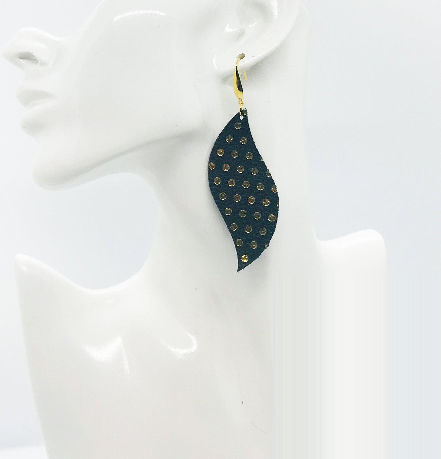 Gold Polka Dots on Black Leather Earrings - E19-1557