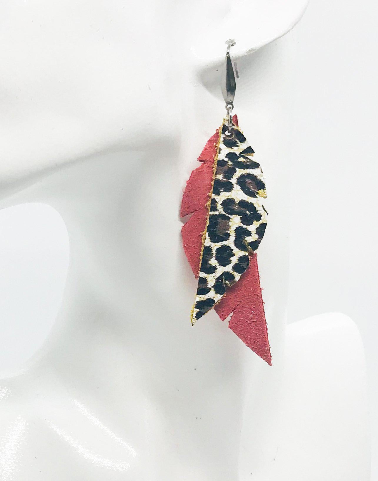 Salmon and Cheetah Genuine Leather Earrings - E19-376