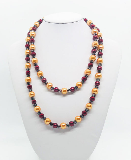 36" Gold, Crimson and Gray Glass Bead Necklace - N237